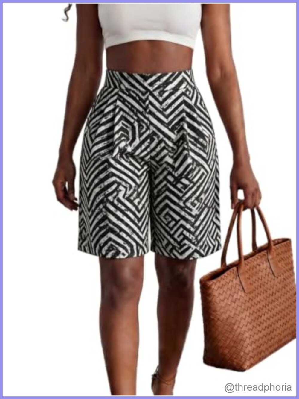 Chevron Stripe Bermuda Shorts Wide Leg Elastic Waist Knee Length Dressy Work